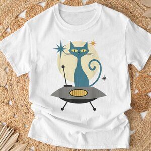 Mid Century Modern Ufo Cat Retro Futuristic T-Shirt